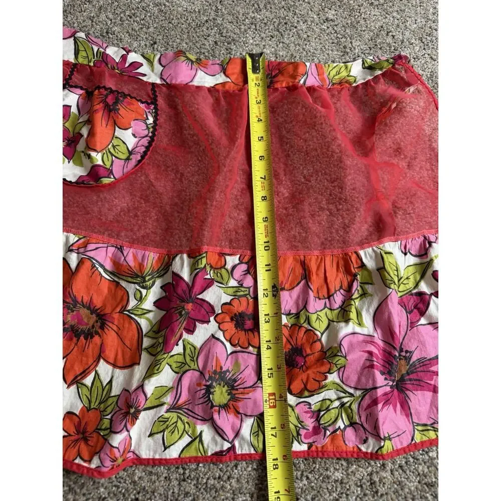 Vintage Sheer and Floral Half Apron Bright Pink Cottagecore